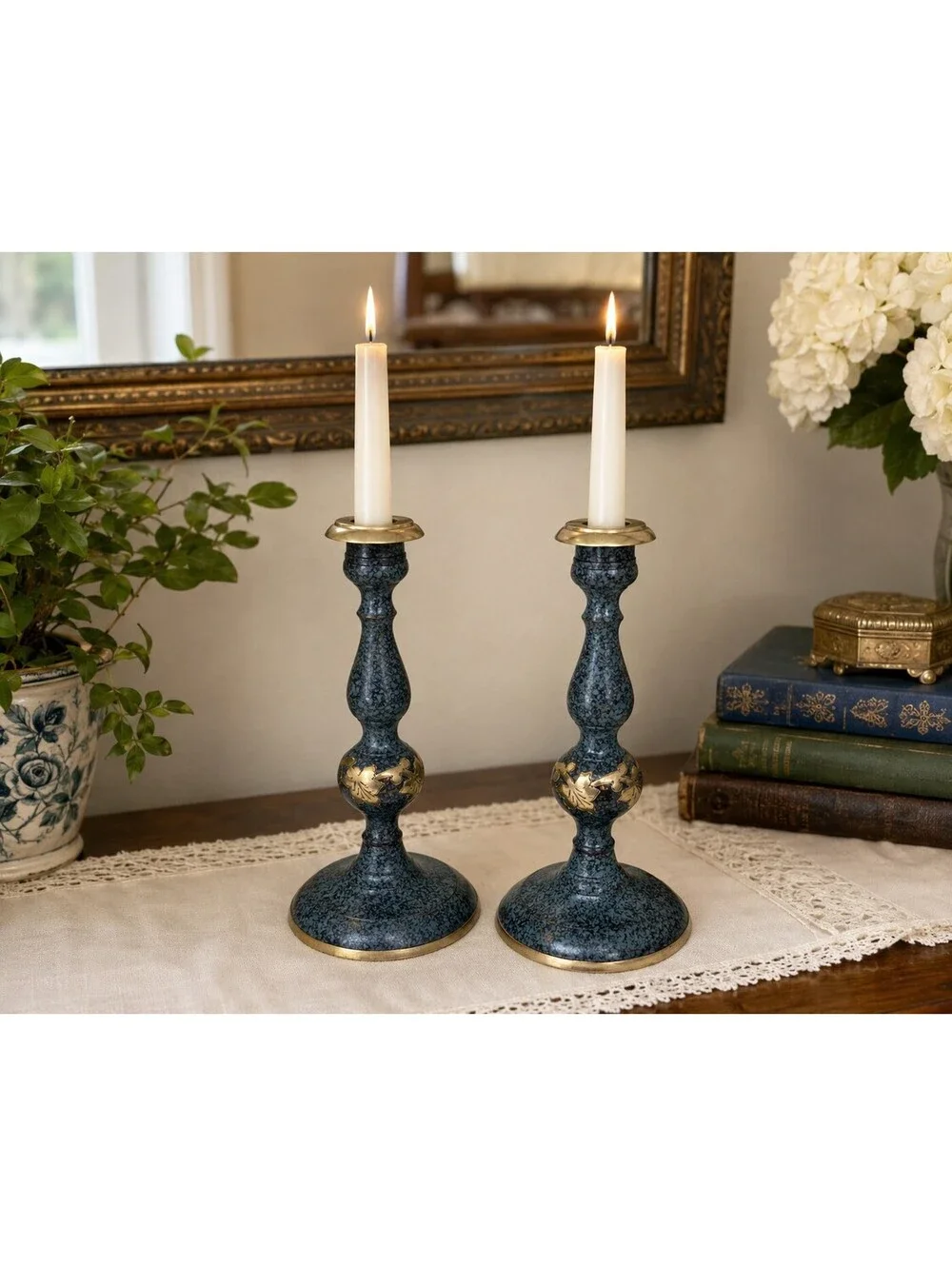 Vintage Solid Brass Candlesticks Pair Blue Finish Grapevine 7.5